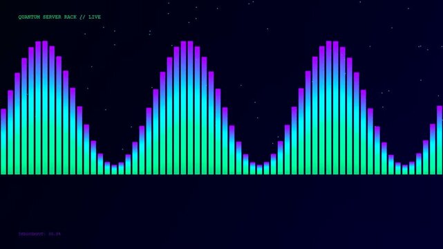 Neon waves of a quantum cloud computing simulation display visual data cycles in a darkened virtual workspace environment using vibrant cyan and magenta light gradients