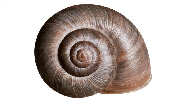 Macro Shot of a Textured Brown Snail Shell with Elegant Spiral Pattern Isolated on White Background
