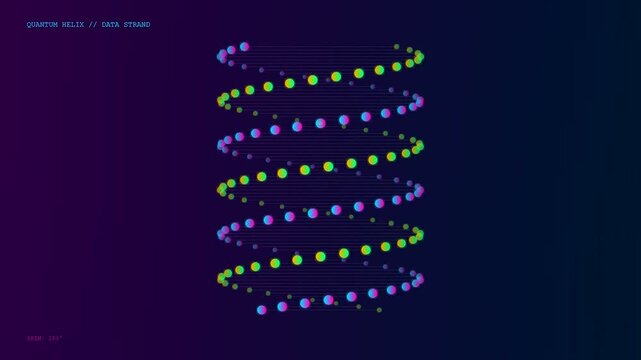 Quantum cloud computing visualized as a rotating spiral of glowing spheres pulsing with vibrant light while data sequences shift across a dark midnight blue gradient