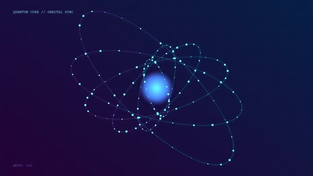 Quantum cloud computing particles orbiting a glowing blue light source in a dark digital space showing continuous rotation and motion of orbital connection patterns