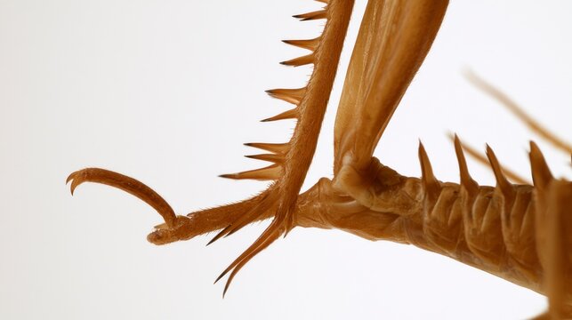 Extreme macro close-up of a praying mantis raptorial foreleg showing sharp spines and claw