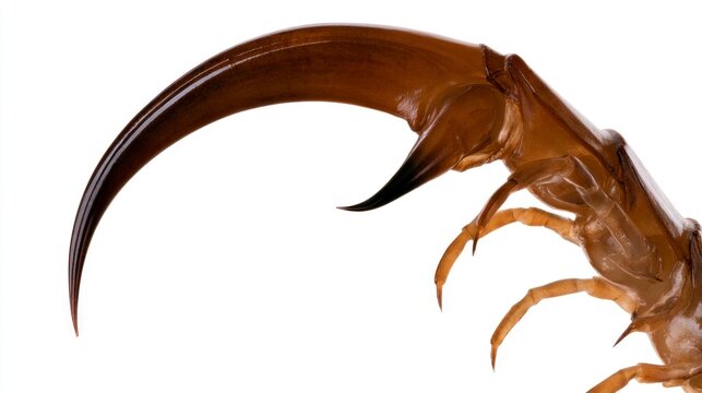 Extreme close-up macro shot of a beetle horn and pincers isolated on white background