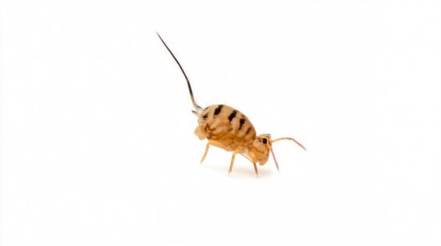 Macro Photography of a Tiny Striped Globular Springtail Isolated on White Background