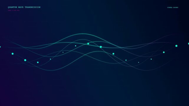 Abstract quantum cloud computing visualizations demonstrate smooth flowing luminous cyan wave patterns composed of glowing light particles moving across a deep dark blue digital space environment