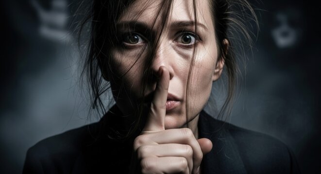 scared woman holding index finger to her lips making a hush gesture asking for silence under fear and threat