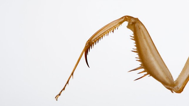Macro shot of the raptorial foreleg of a praying mantis, showing detailed spines and structure isolated on white