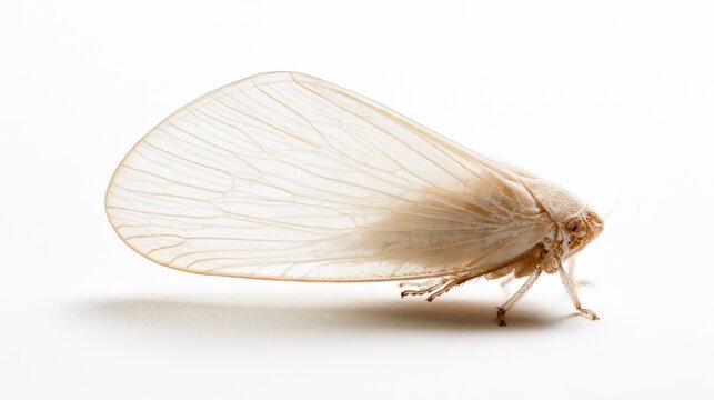 Close-up macro of a white planthopper insect with translucent wings isolated on a white background