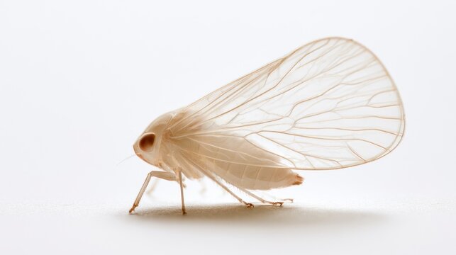 Macro Shot of a White Planthopper Insect with Delicate Transparent Wings on a White Background