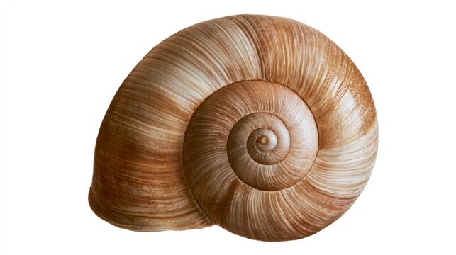 Spiral snail shell with brown stripes isolated on white background