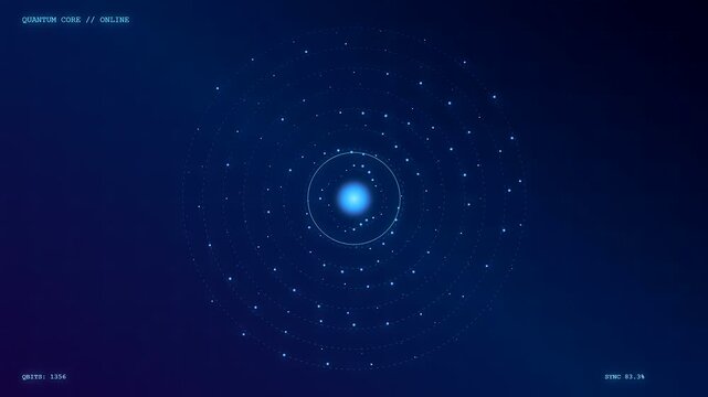 a glowing quantum cloud computing interface displays evolving circular patterns of small bright lights arranged in concentric orbits across a deep dark blue digital space environment