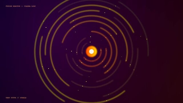 Quantum cloud computing visualizations feature glowing orange particles circulating around a bright central core within a dark purple atmospheric space creating dynamic patterns of light motion