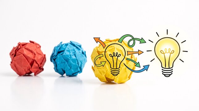 Innovation Concept Represented by Paper Balls Transforming into a Glowing Light Bulb Idea