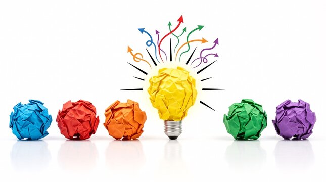 Innovation Concept with Glowing Paper Light Bulb Surrounded by Colorful Crumpled Paper Balls