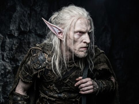 pale albino cave elf man with white hair and pointed ears in tattered armor, dark fantasy portrait