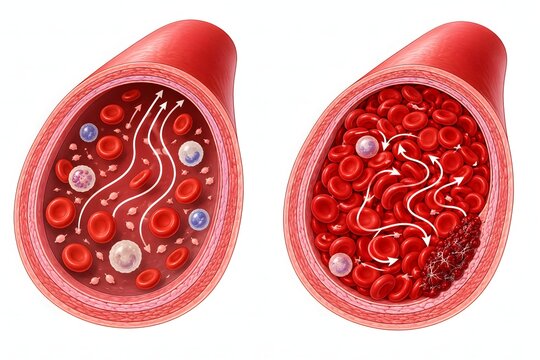 Polycythemia vera blood viscosity red blood cell excess diagram, hematology medical illustration  showing polycythemia vera with overcrowded red blood cells, increased viscosity and thrombosis risk.