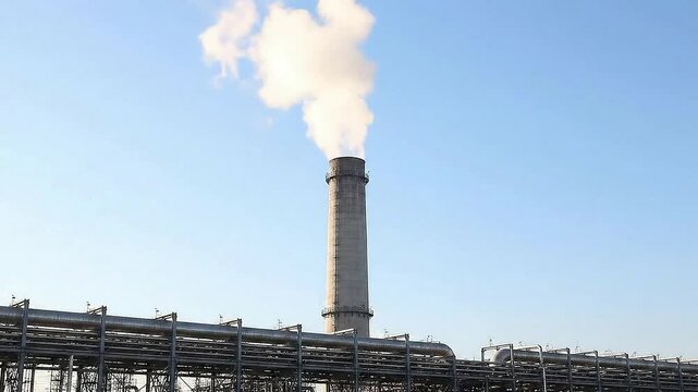 Industrial Smokestack Emitting Smoke Against Clear Blue Sky Representing Energy Production and Environmental Impact in Industrial Settings
