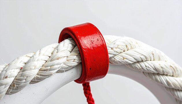 Close-up of a Thick White Rope Secured by a Red Ring.