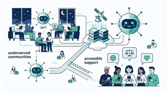 People engage with AI technology in various settings to receive mental health support. The image shows connected devices with users accessing help.