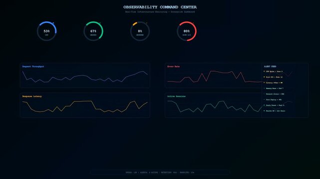 Real time monitoring of enterprise cloud solutions displays fluctuating data streams, active alert feeds, and shifting performance metrics on a dark command dashboard.