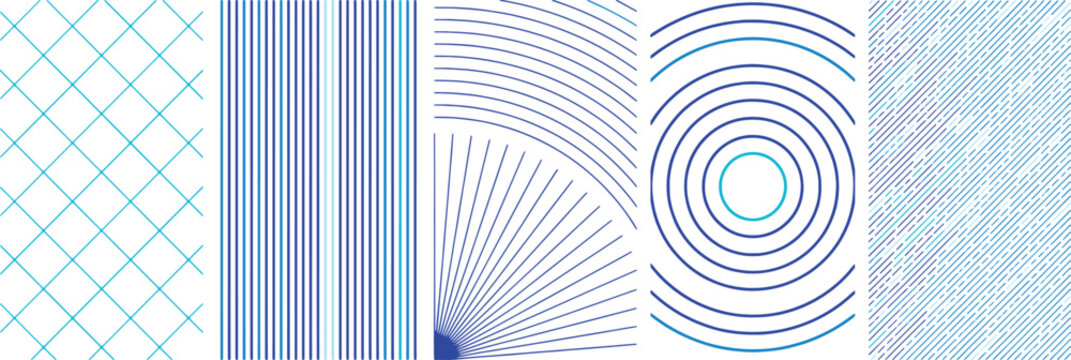 Set of five abstract geometric patterns featuring blue lines in various configurations like grids, parallel stripes, circles, and diagonal dashes
