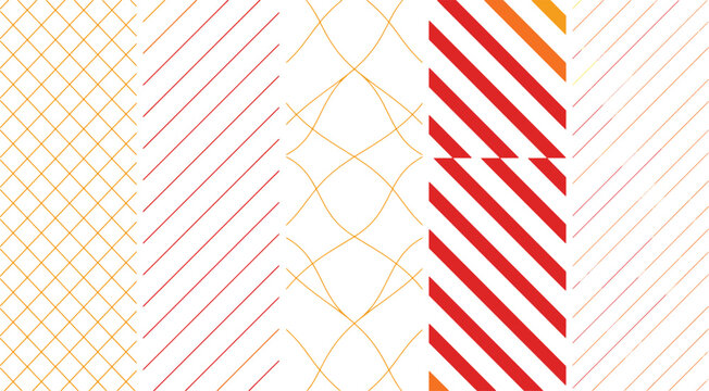 Set of five colorful linear patterns featuring orange, red, and yellow diagonal stripes, cross-hatch grids, and curved line intersections on white