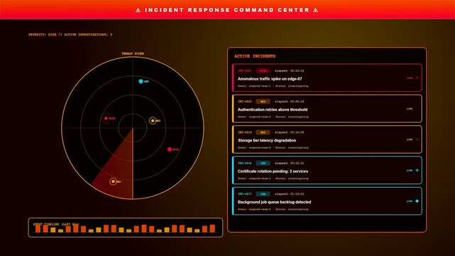 Advanced enterprise cloud solutions monitor network security threats on an animated digital dashboard visualizing cyber attacks with a scanning radar and active alert logs.