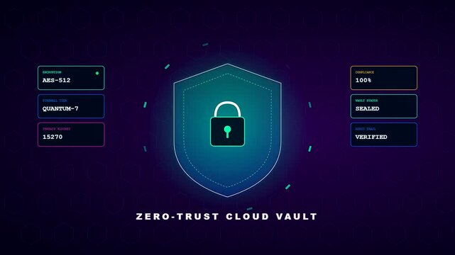 An animated digital dashboard displays enterprise cloud solutions featuring a glowing padlock icon with rising cybersecurity threat counters in a seamless loop.