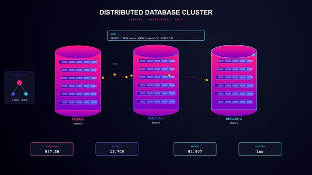 Modern Enterprise Cloud Solutions display active data replication and querying across multiple distributed database nodes with fluctuating network metrics and query speeds.