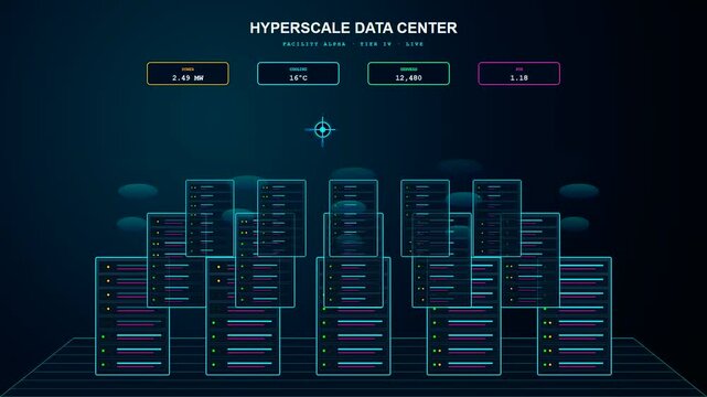 A dynamic UI animation showcasing enterprise cloud solutions where power usage and cooling metrics actively update over virtual mainframe server tower graphics.