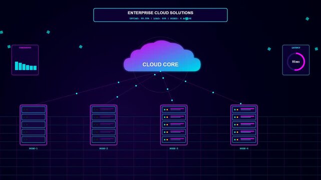 Modern enterprise cloud solutions operate seamlessly as digital data packets transmit from a central virtual core down to networked computer server racks.