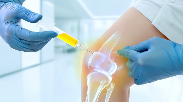 Doctor performing knee joint injection. Medical professional treating patient joint pain.