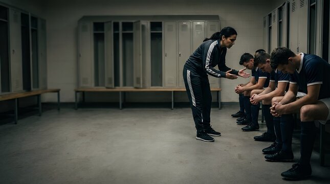 A tense and dramatic scene of a displeased female coach confronting her soccer team in a locker room with the message "I don't want to hear any excuses!" conveying strong leadership and high