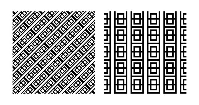Black geometric seamless patterns with diagonal and vertical square designs on transparent background 