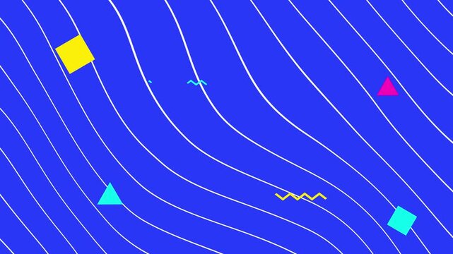 Blue Memphis style background with geometric shapes and wavy lines motion loop