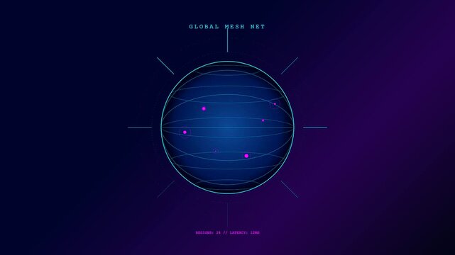Utilizing advanced enterprise cloud solutions, a digital globe rotates on screen, displaying pulsing pink data connection nodes across its global mesh grid network.