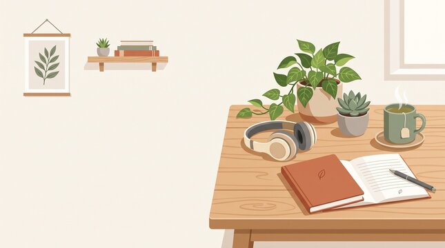 Calm workspace with journal, pen, and plants for Back to School & College  