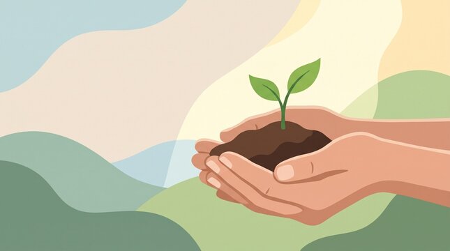 Hands holding small plant with green leaves on abstract background  