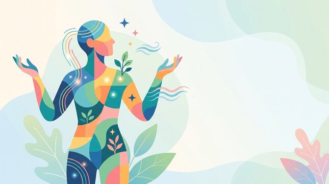Abstract woman with colorful patterns expressing joy and connection  