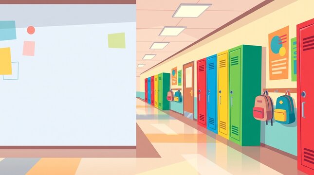 Colorful school hallway with lockers and blank bulletin board for Back to School & College  