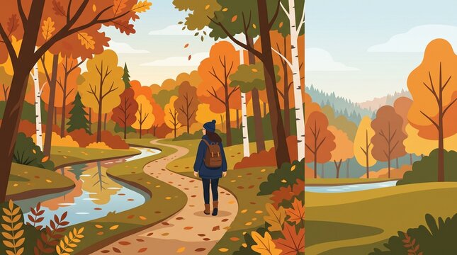 Person walking along a path in autumn forest with vibrant foliage - Concept of Back to School & College  