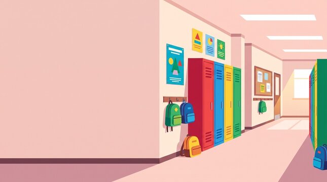 Colorful school hallway with lockers and backpacks for Back to School & College  