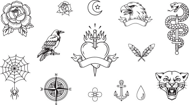 Collection of dark and occult themed tattoo style featuring a heart with dagger, raven, snake, spider web, anchor, and panther head