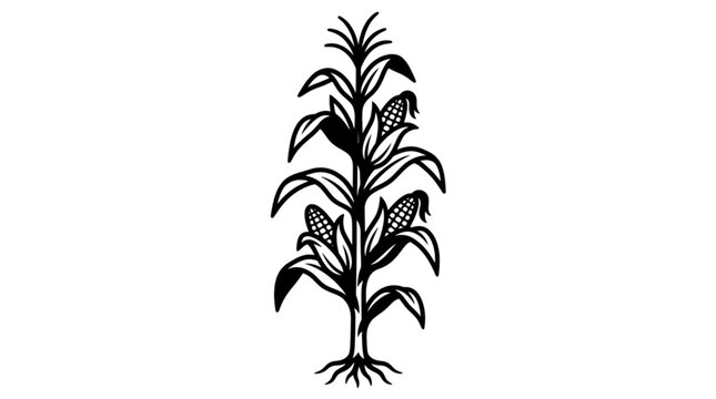 Harvest Corn Stalk Black and White Vector Illustration on White Background