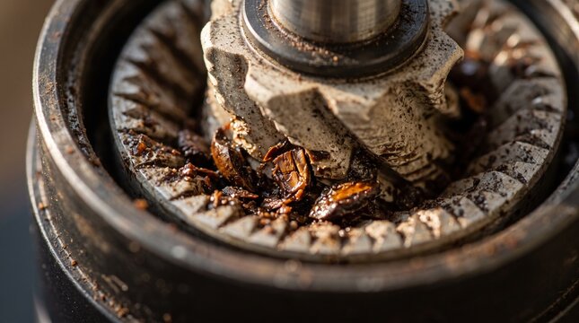 Close up of dirty coffee grinder burrs with oily residue.