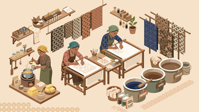 Isometric batik making process illustration with artisans and traditional textile tools vector