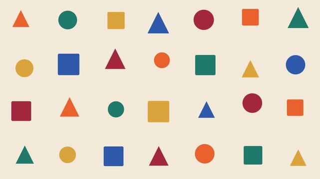 Retro-futurist flat geometric shapes of triangles circles and squares bounce vertically with staggered timing per shape in a full-frame chaos pattern loop
