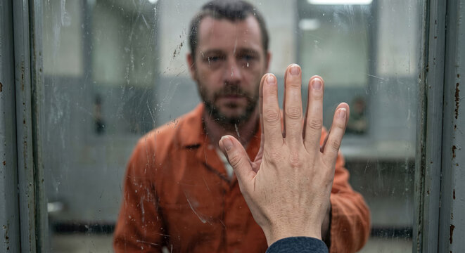 Hand Touching Prison Glass During Family Visit, World Day Against the Death Penalty Concept