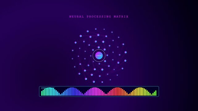 Modern data networks representing enterprise cloud solutions display a glowing neural processing matrix with a vibrant audio spectrum visualizer sliding across the bottom.