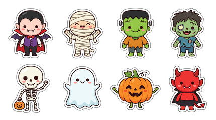 Naklejka premium Set of Cute Cartoon Halloween Characters Including a Vampire, Mummy, Frankenstein, Zombie, Skeleton, Ghost, Pumpkin, and Devil.