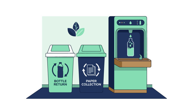 Eco friendly recycling station with bottle return and paper collection bins and water dispenser. EPS Editable. Vector Illustrations.